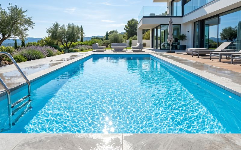 agua cristalina en piscina con liner de acabado liso