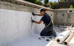 colocación de geotextil debajo del liner de una piscina