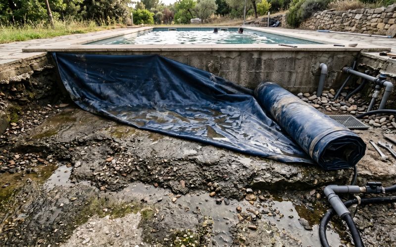 humedad bajo el liner de una piscina exterior