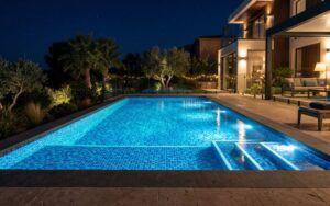iluminación LED en piscina con liner moderno