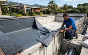 instalación de liner en piscina mostrando la base inferior