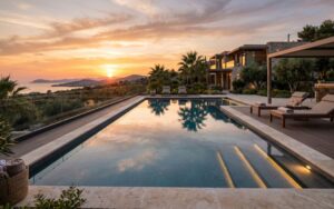 piscina con liner elegante iluminada al atardecer