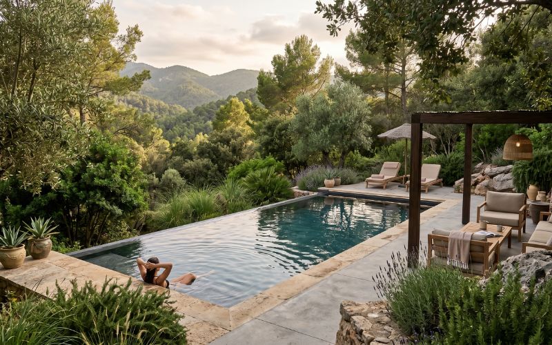 piscina con liner integrada en entorno natural