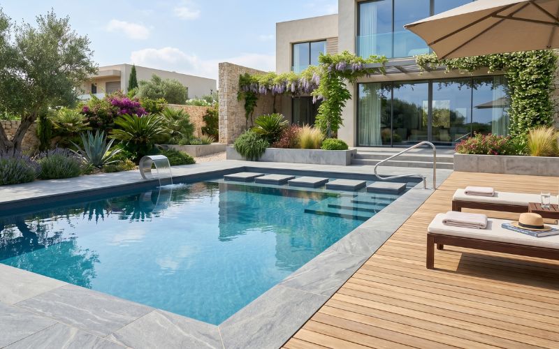 piscina elegante con agua limpia y liner moderno