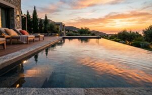 reflejos cálidos sobre agua de piscina al atardecer