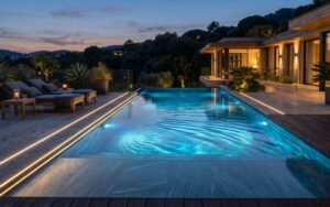 reflejos del agua en piscina moderna iluminada