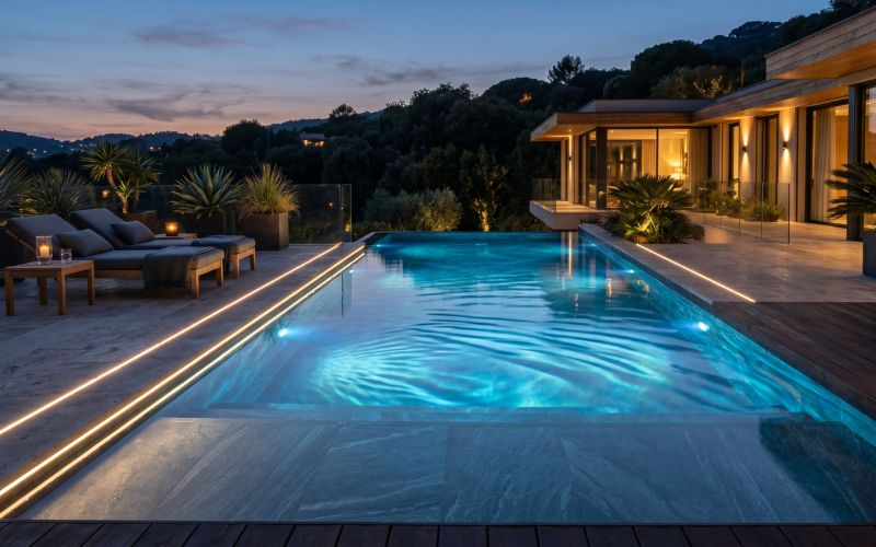 reflejos del agua en piscina moderna iluminada