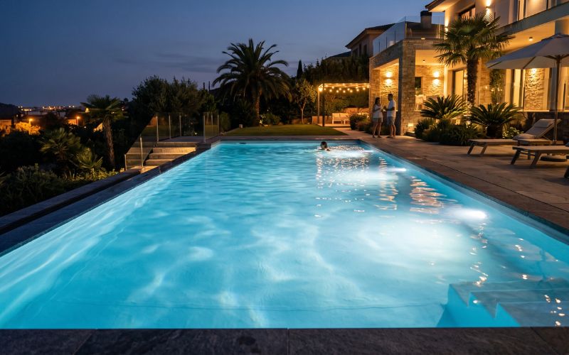 reflejos luminosos en piscina con liner claro