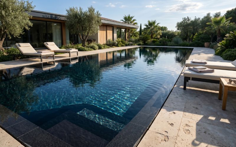 reflejos sobre liner oscuro en piscina moderna