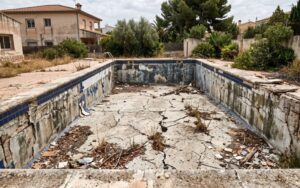 estructura de piscina antigua con daños que requieren rehabilitación