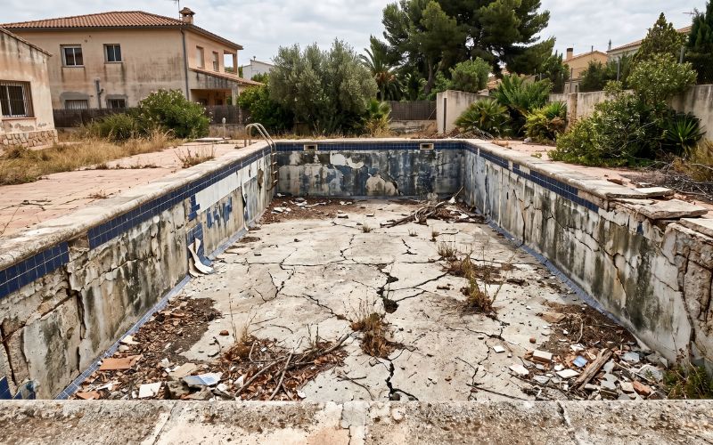 estructura de piscina antigua con daños que requieren rehabilitación