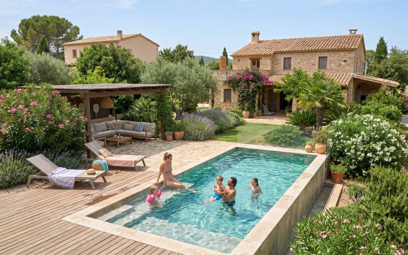 familia disfrutando de piscina renovada