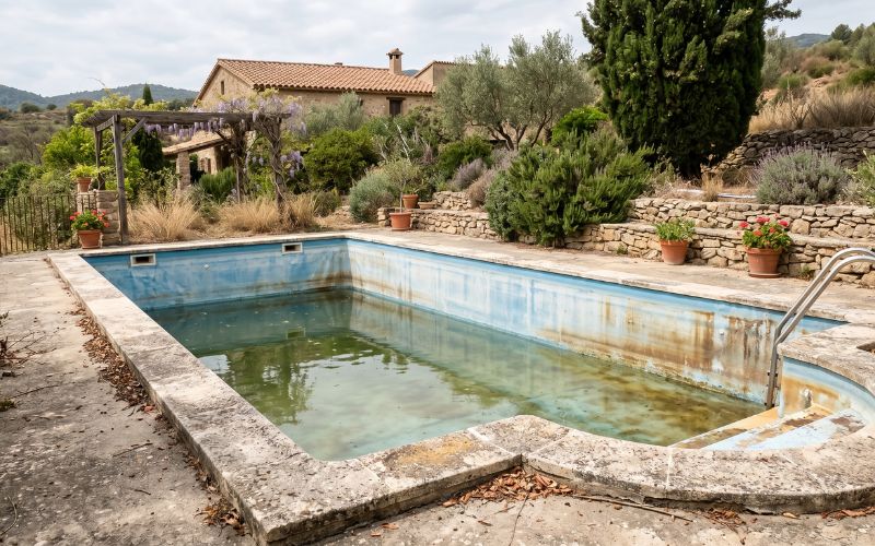 liner de piscina descolorido y envejecido por el paso del tiempo