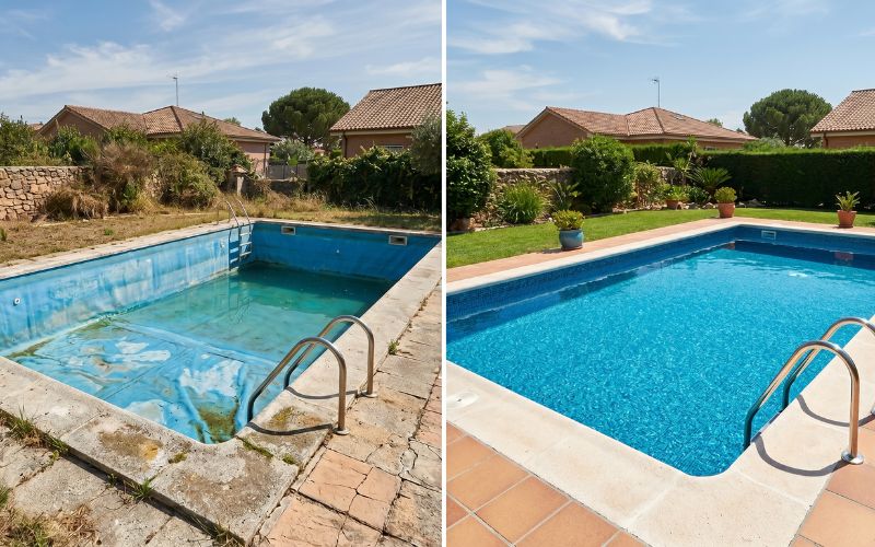 piscina antes y después de cambiar el liner