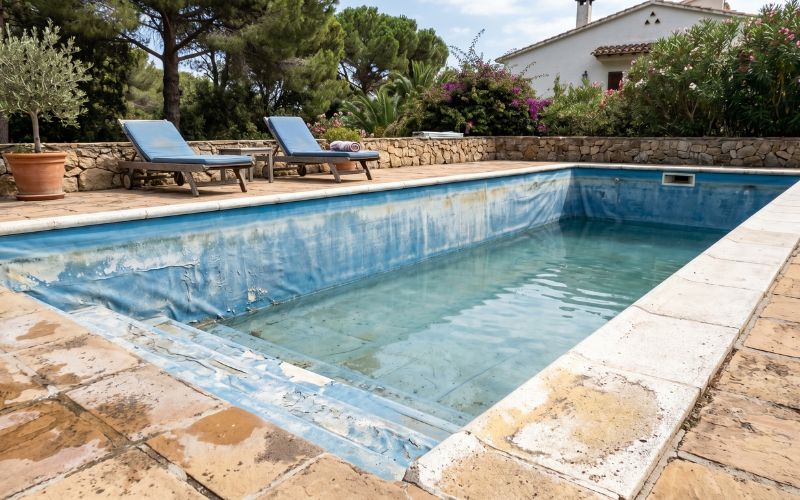 piscina con liner envejecido por exposición solar