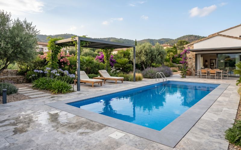 piscina con liner integrada en entorno exterior