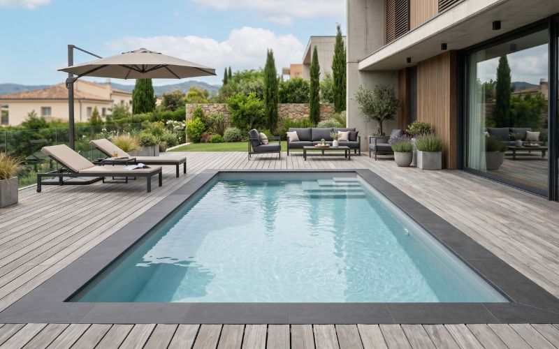 piscina con liner integrada en terraza y coronas modernas