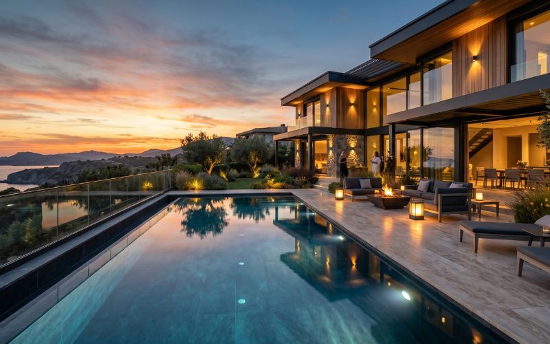 piscina con liner integrada en vivienda moderna iluminada