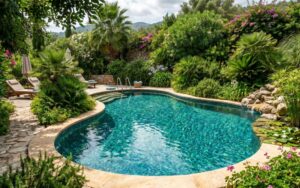 piscina con liner rodeada de vegetación y jardín