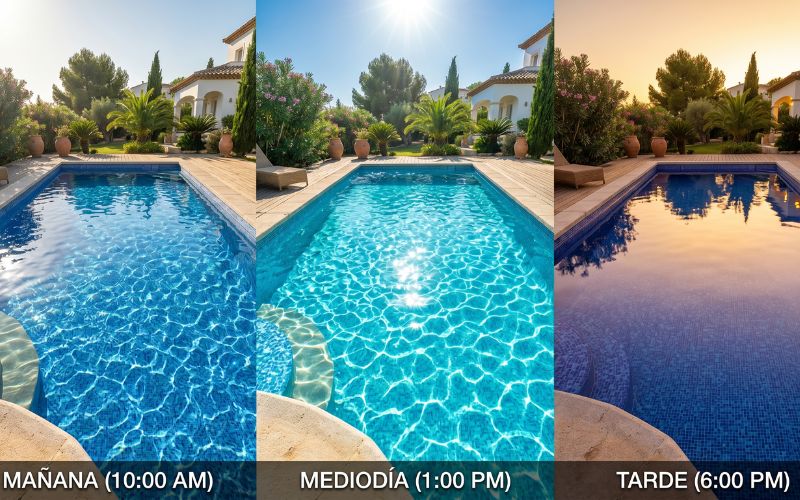 reflejos solares sobre piscina con liner